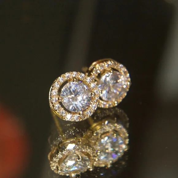 14kt Gold Dipped Swarovski Studs in Halo Setting - Picture 2 of 8